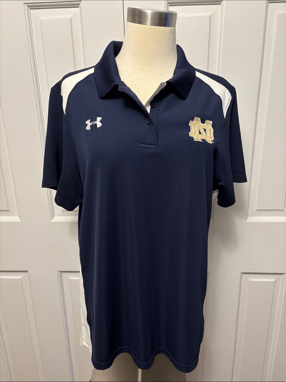 Under Armour Navy Polo with White Panels and Gold ND Emblem